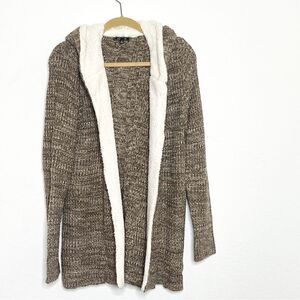 Lety & Me  Women's Cozy Brown Hooded Knit Cardigan w/Faux Sherpa Lining Size M